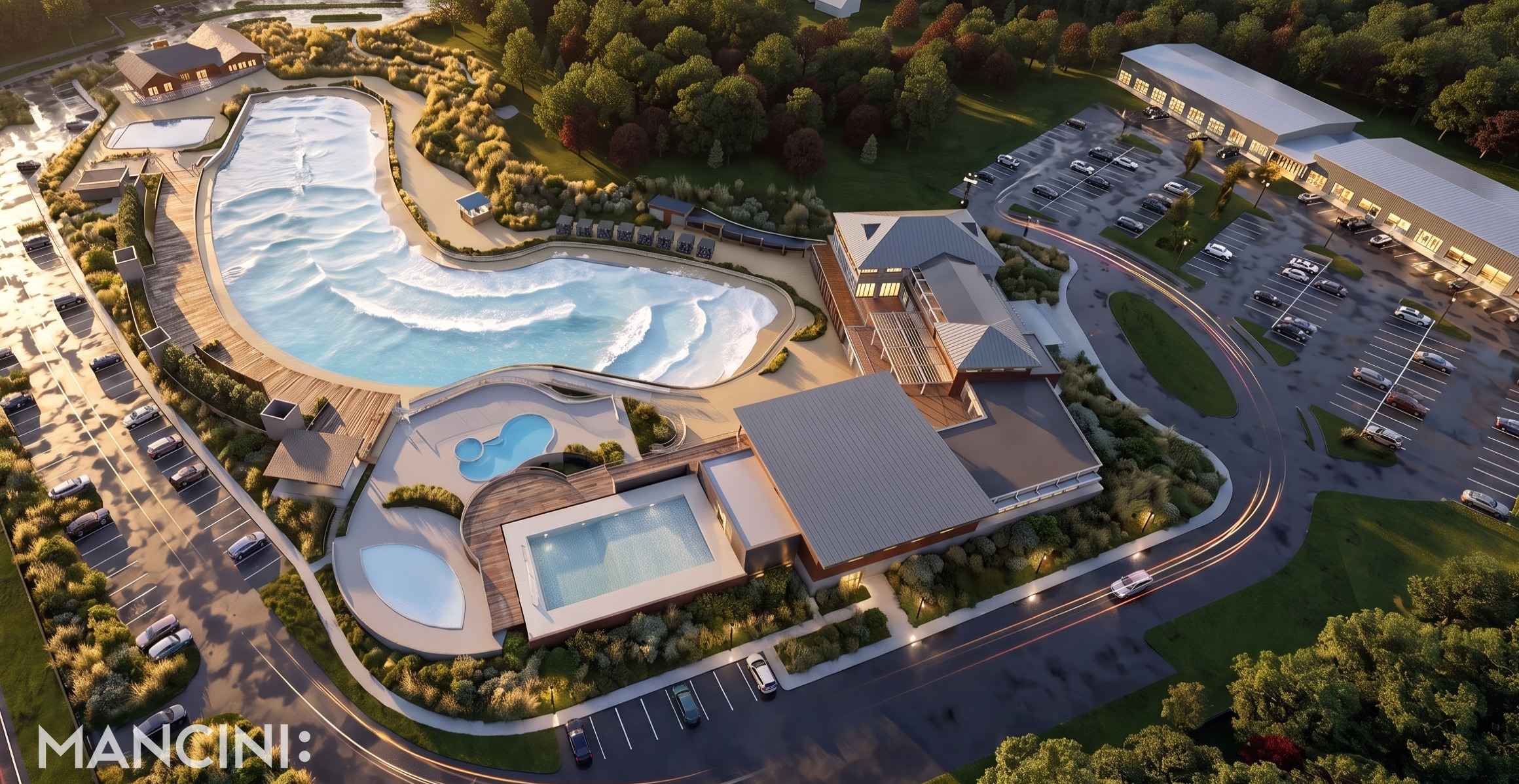 Aerial rendering at dusk