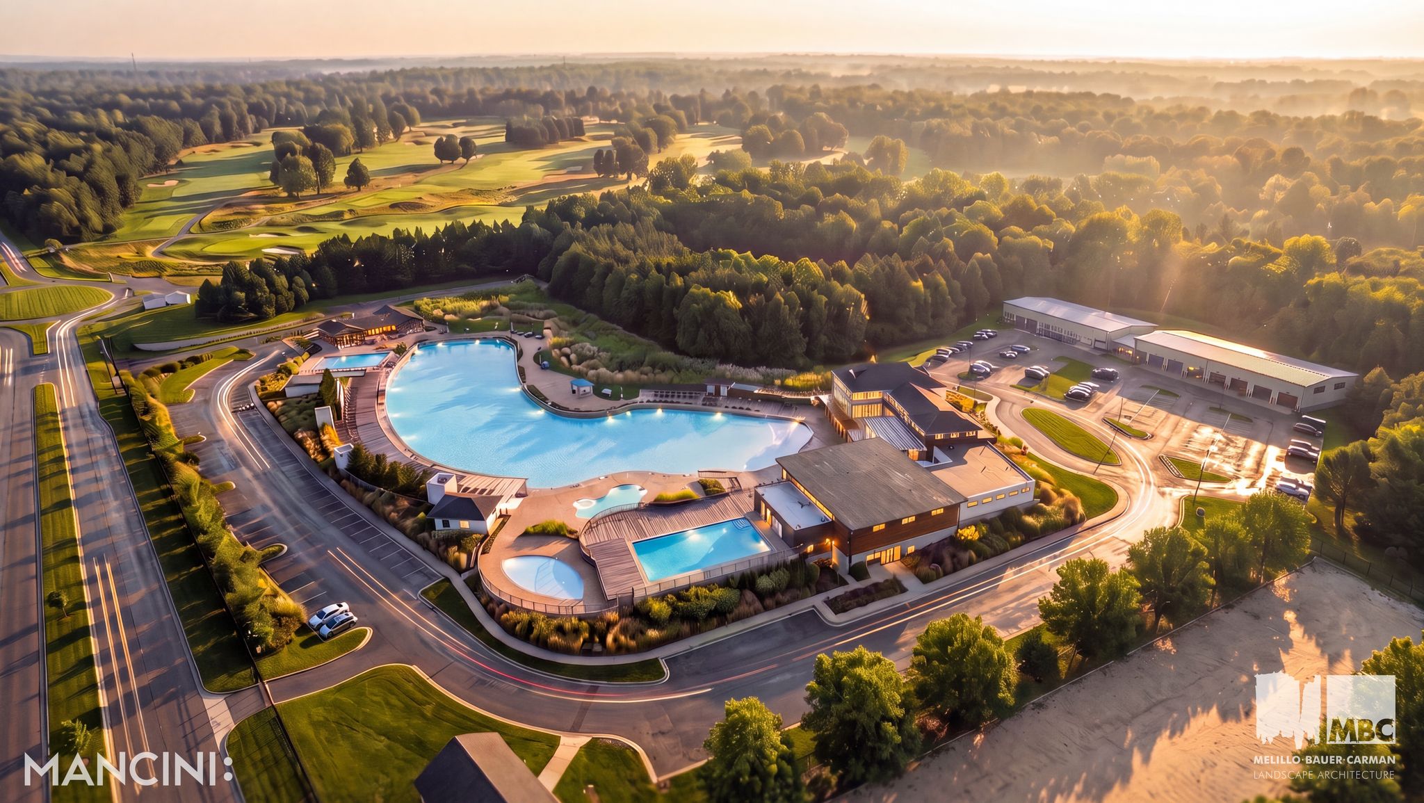 Aerial rendering of the Shore Surf Club lagoon, pools and clubhouse at dusk