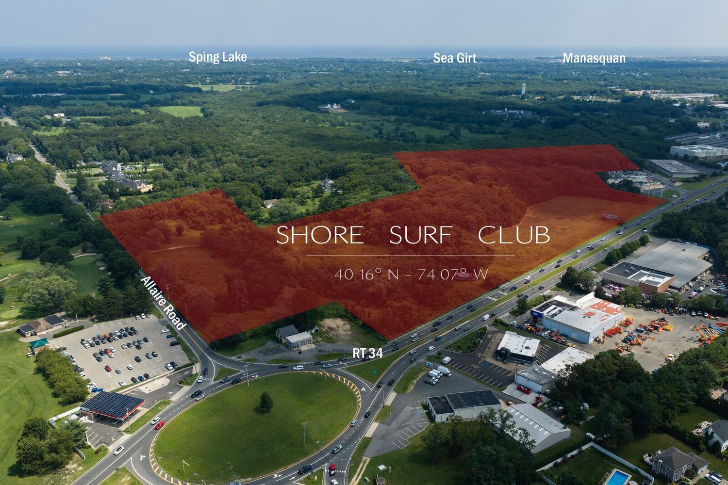 Aerial photograph of the Shore Surf Club site with the land under contract outlined