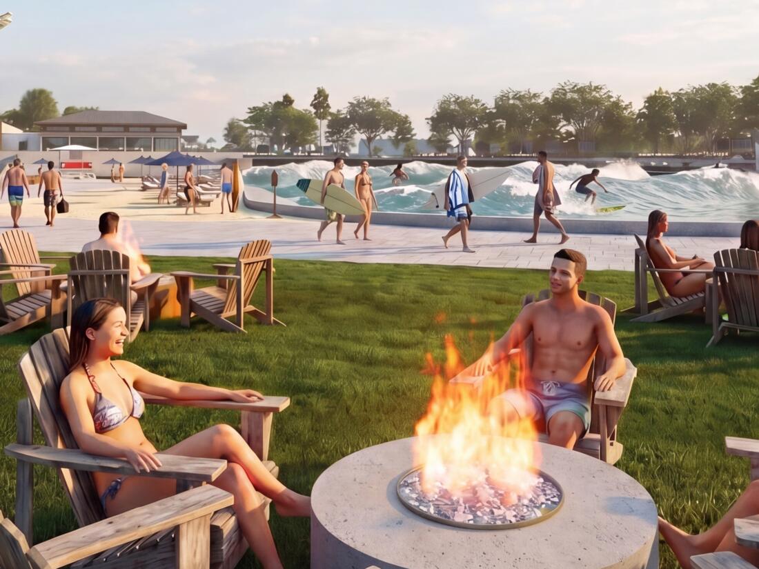 Rendering of the firepits on the lawn beside the lagoon