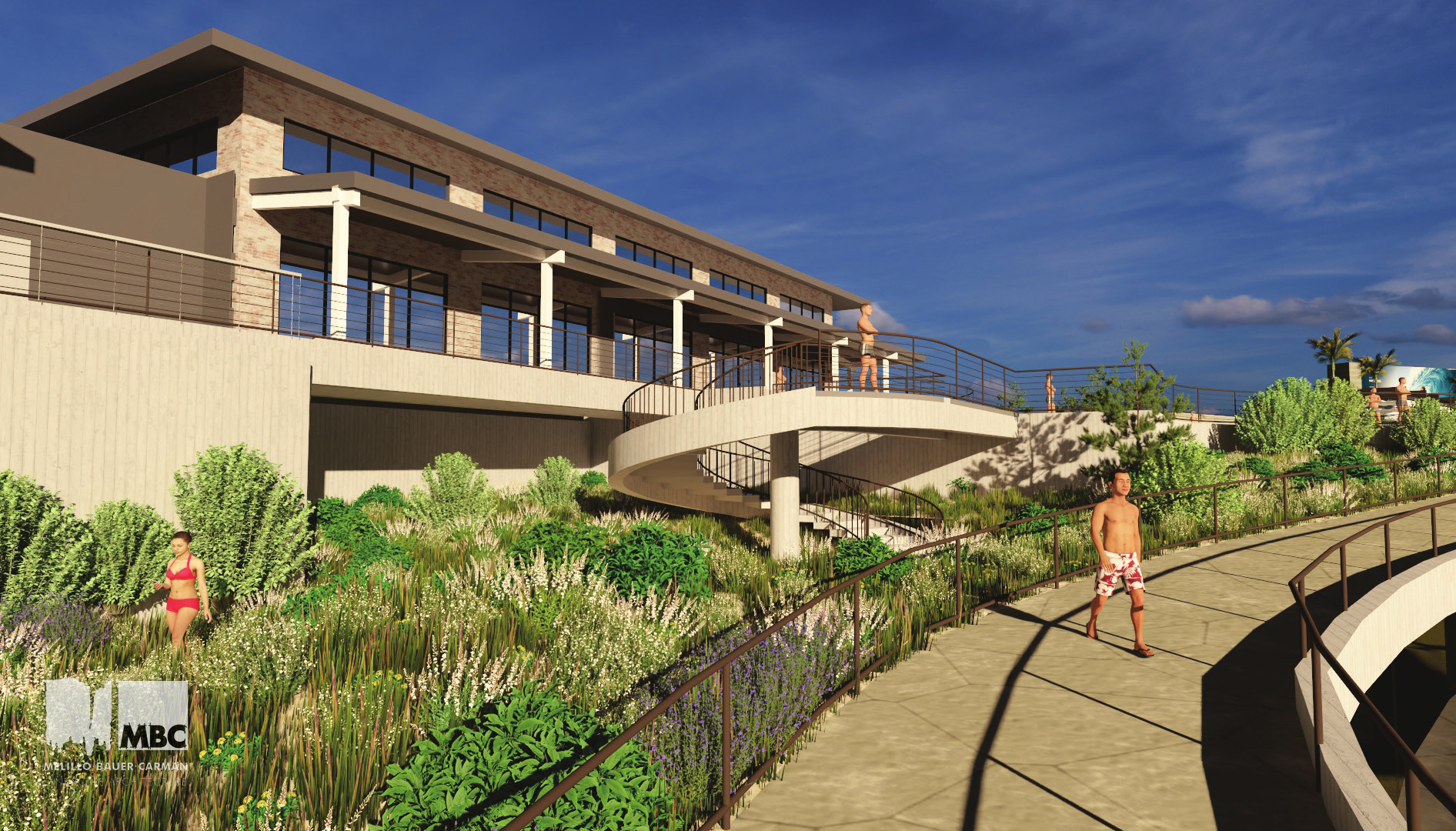 Model view of the circular stair and plantings