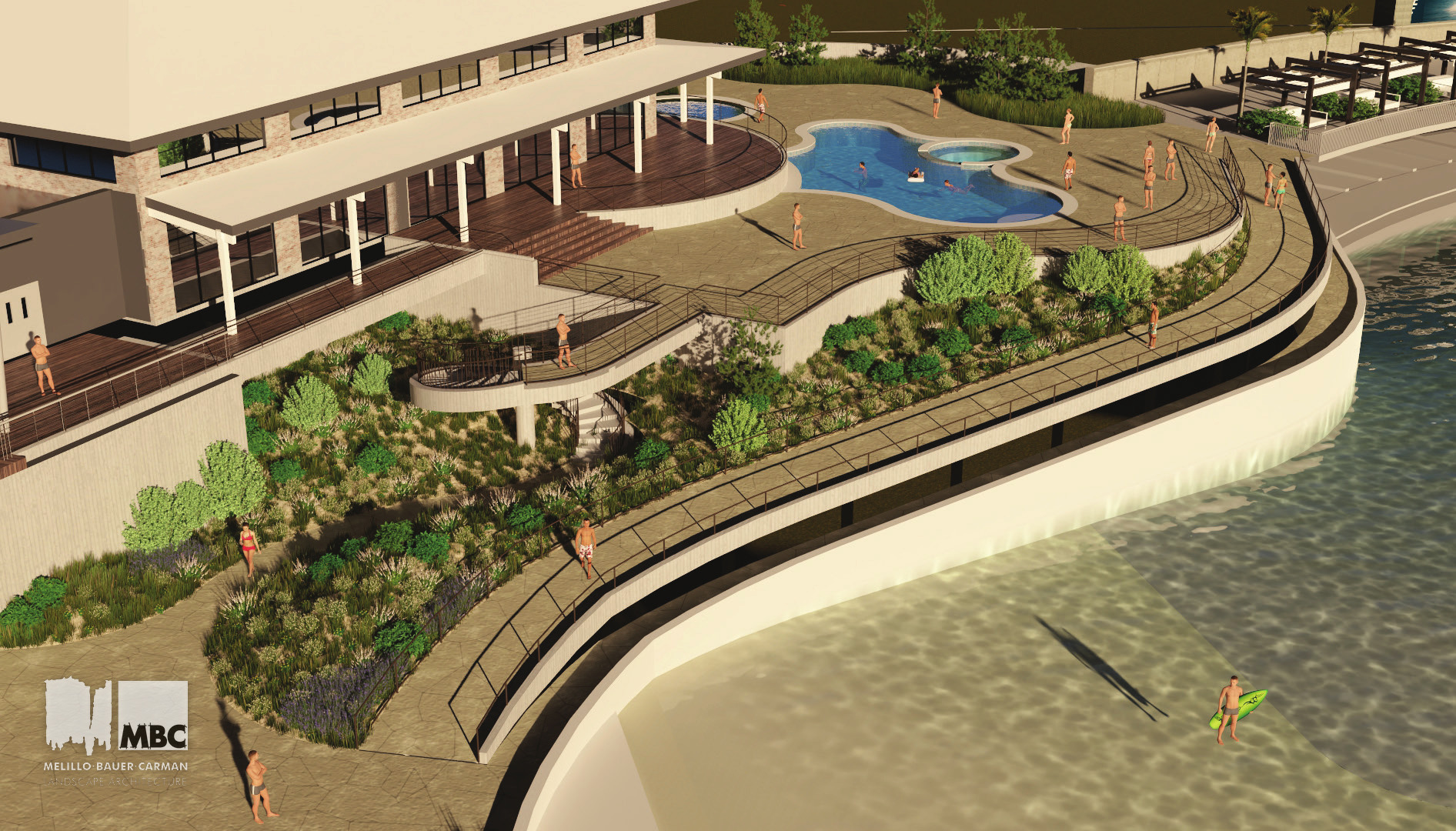 Model view of the terrace and planted slope