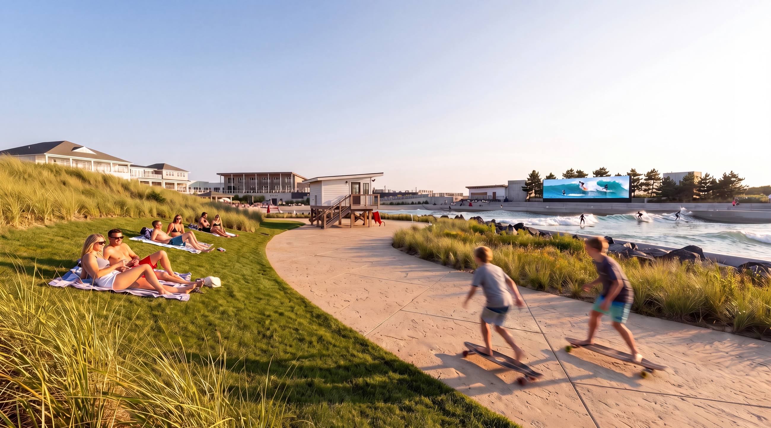 Rendering of the lawn beside the lagoon at golden hour