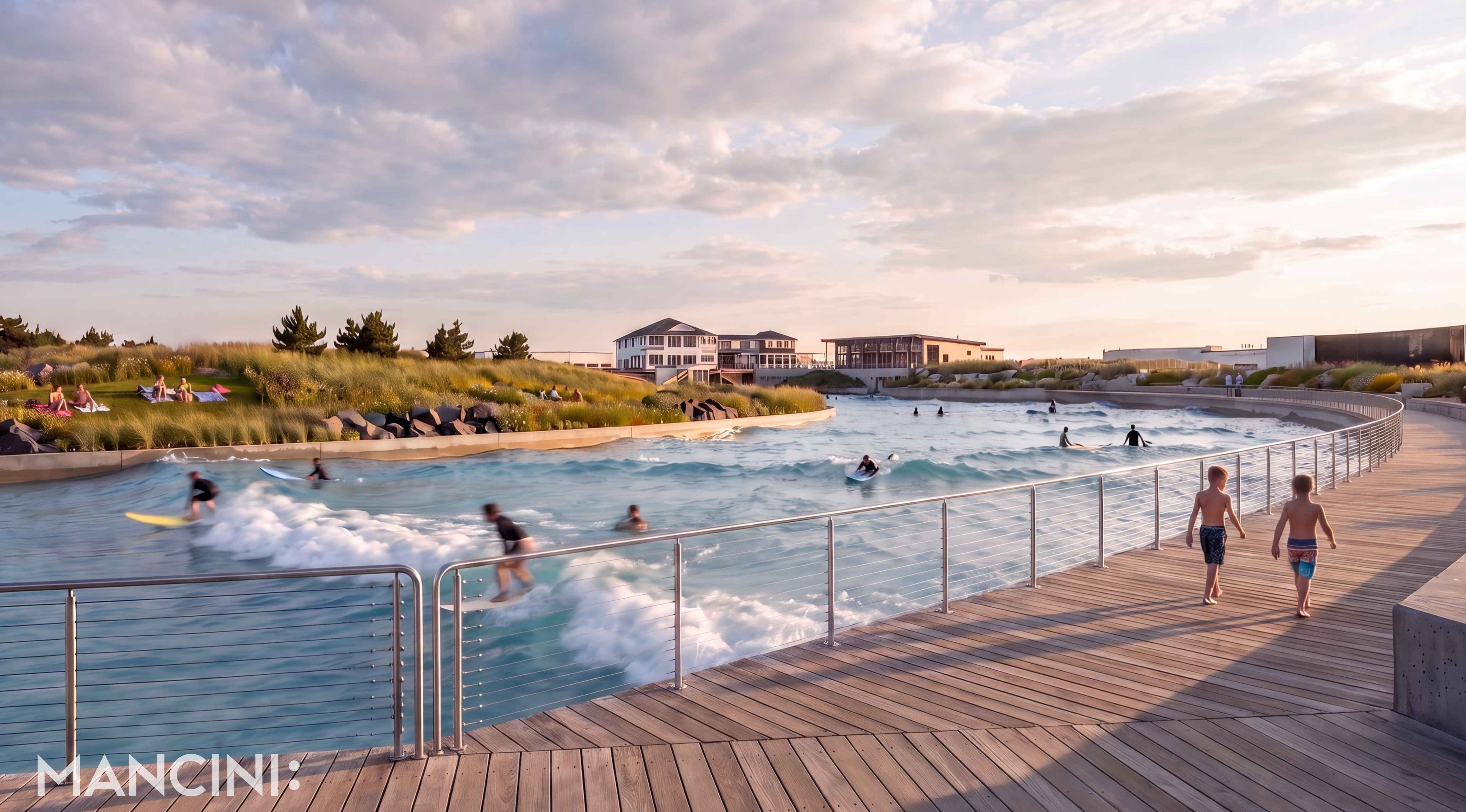 Rendering of the promenade beside the surf lagoon