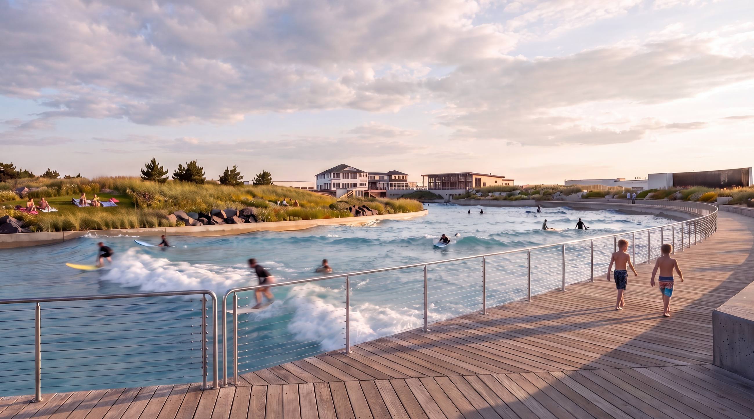 Rendering of surfers in the lagoon seen from the promenade